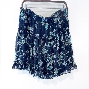 CeCe Navy Blue Floral Print Ruffle Tiered Chiffon Mini Skirt Size 14